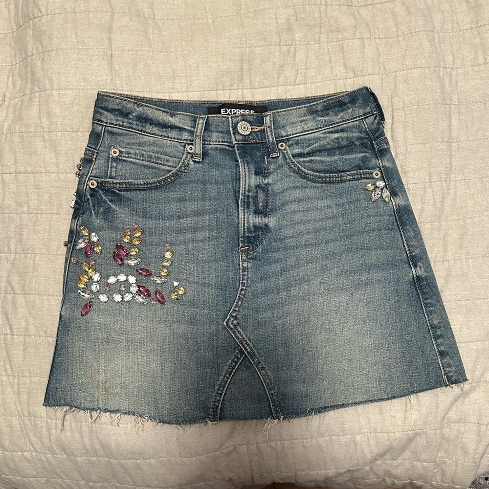 Express Denim Mini Skirt with Floral Embroidery